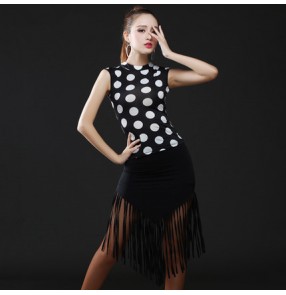 White polka dot printed black fringes sleeveless performance competition professional women's ladies latin salsa cha cha dance dresses outfits